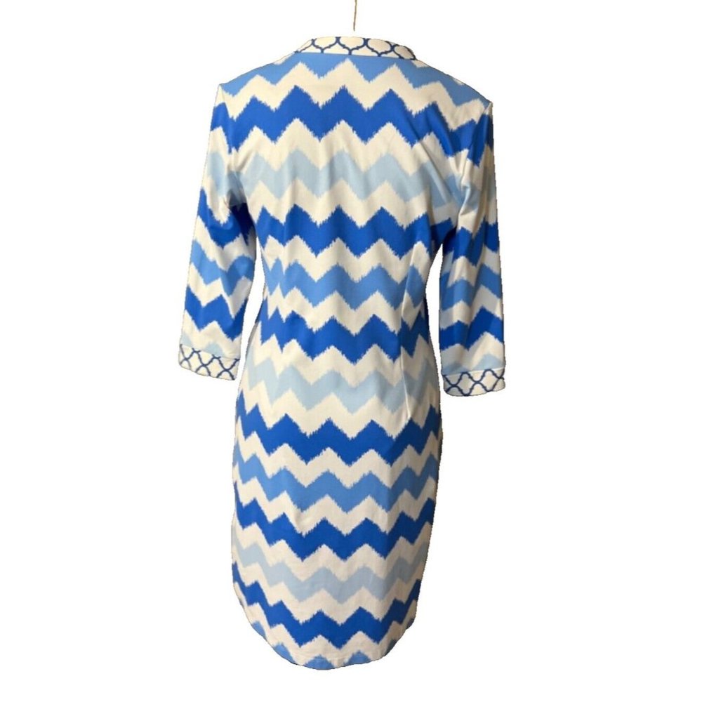 J. McLaughlin Dress Blue White S Small 3/4 Long Sleeve Stretch Shift Washable - Picture 3 of 9